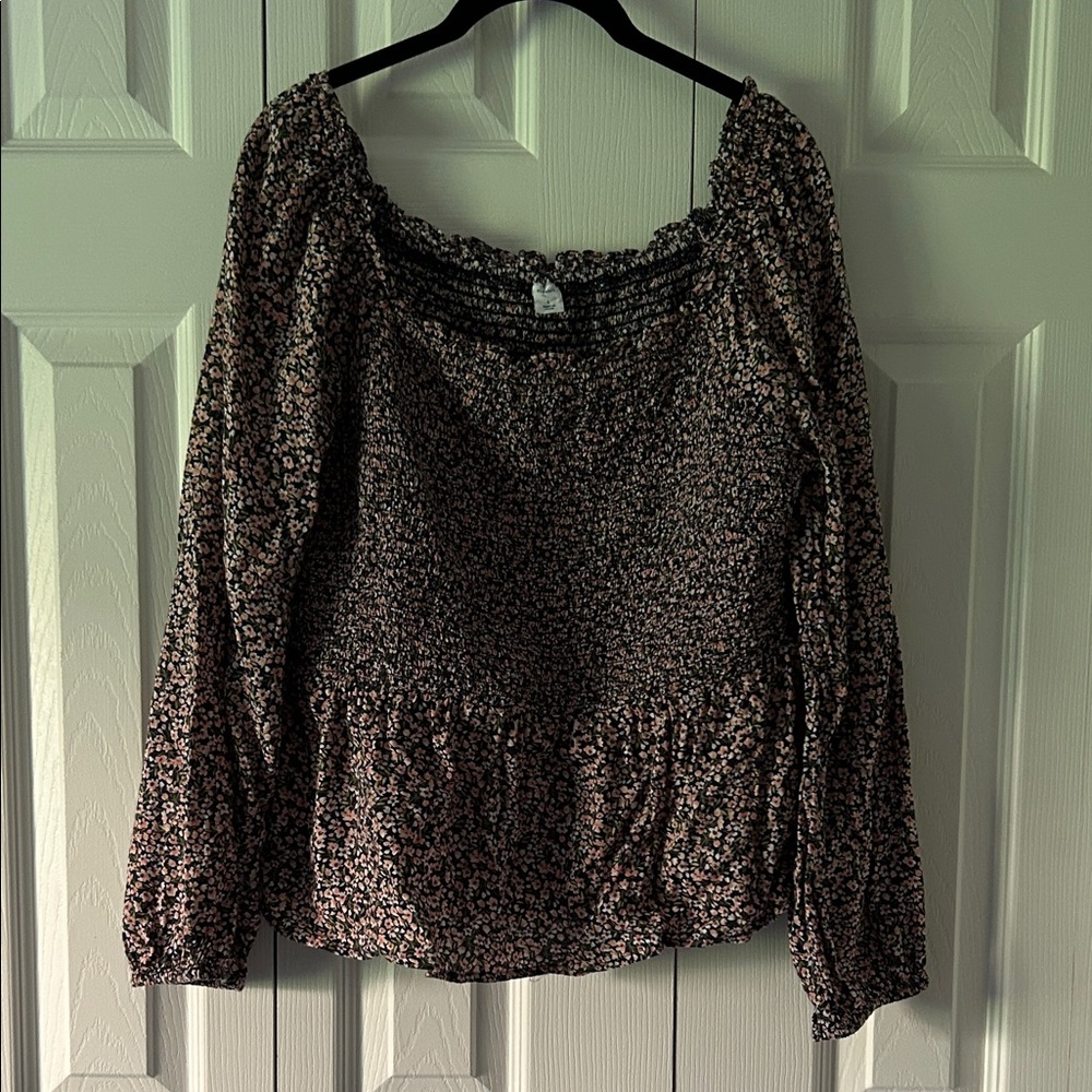Smocked Long Sleeve Floral Blouse